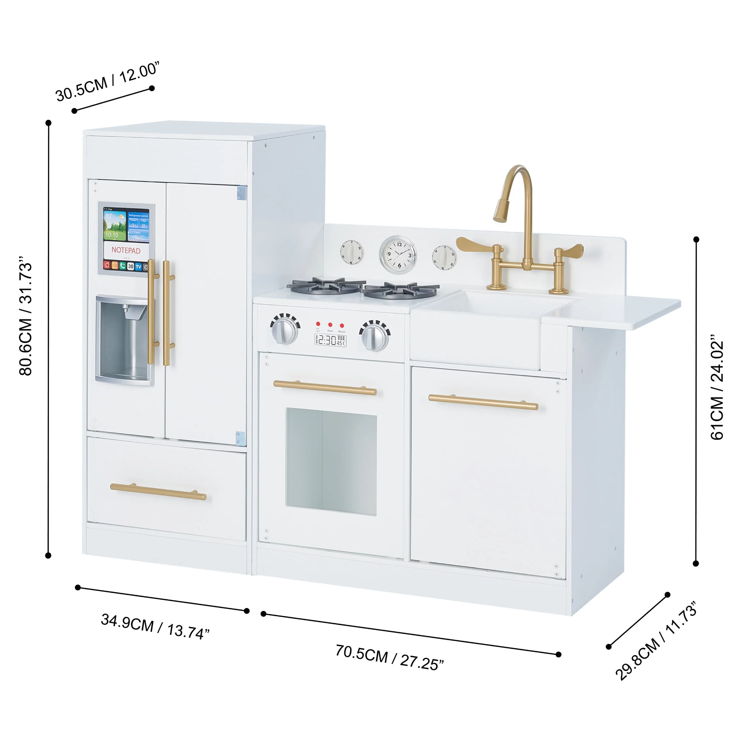 Teamson Kids Little Chef Charlotte Modern Play Kitchen with Free-Standing Refrigerator, Separate Kitchenette Unit, & Interactive Features, White/Gold