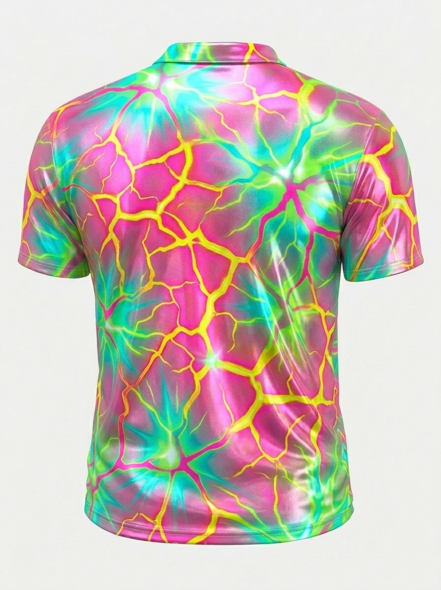 Moisture Wicking Golf Polo 3D Neon Pink Green Lightning Button Short Sleeve Golf Polo Shirt