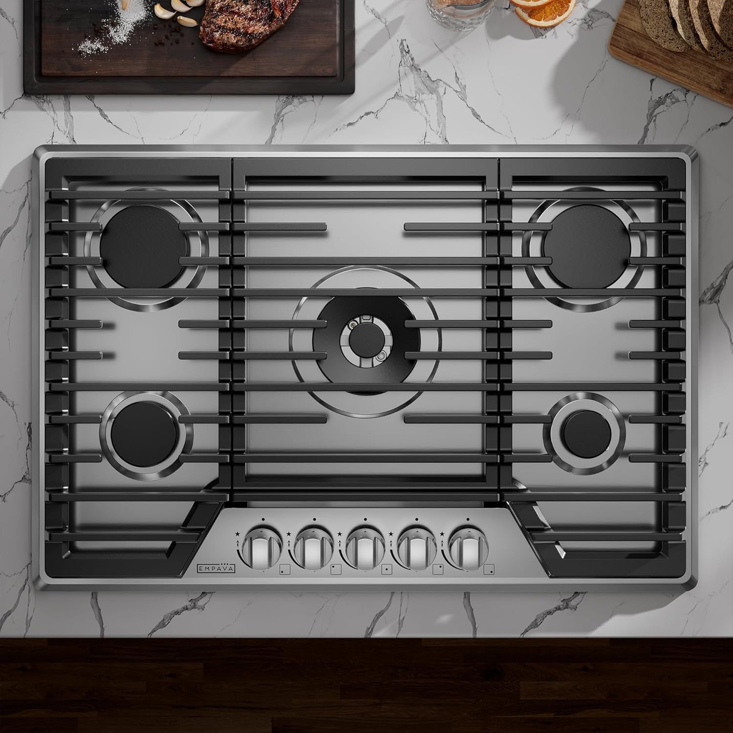 30 Inch Built-in Gas Cooktop with 5 Sealed SABAF Burners, Stainless Steel Surface, Ion Ignition Technology, LPG/NG Convertible, Dishwasher Safe Grates
