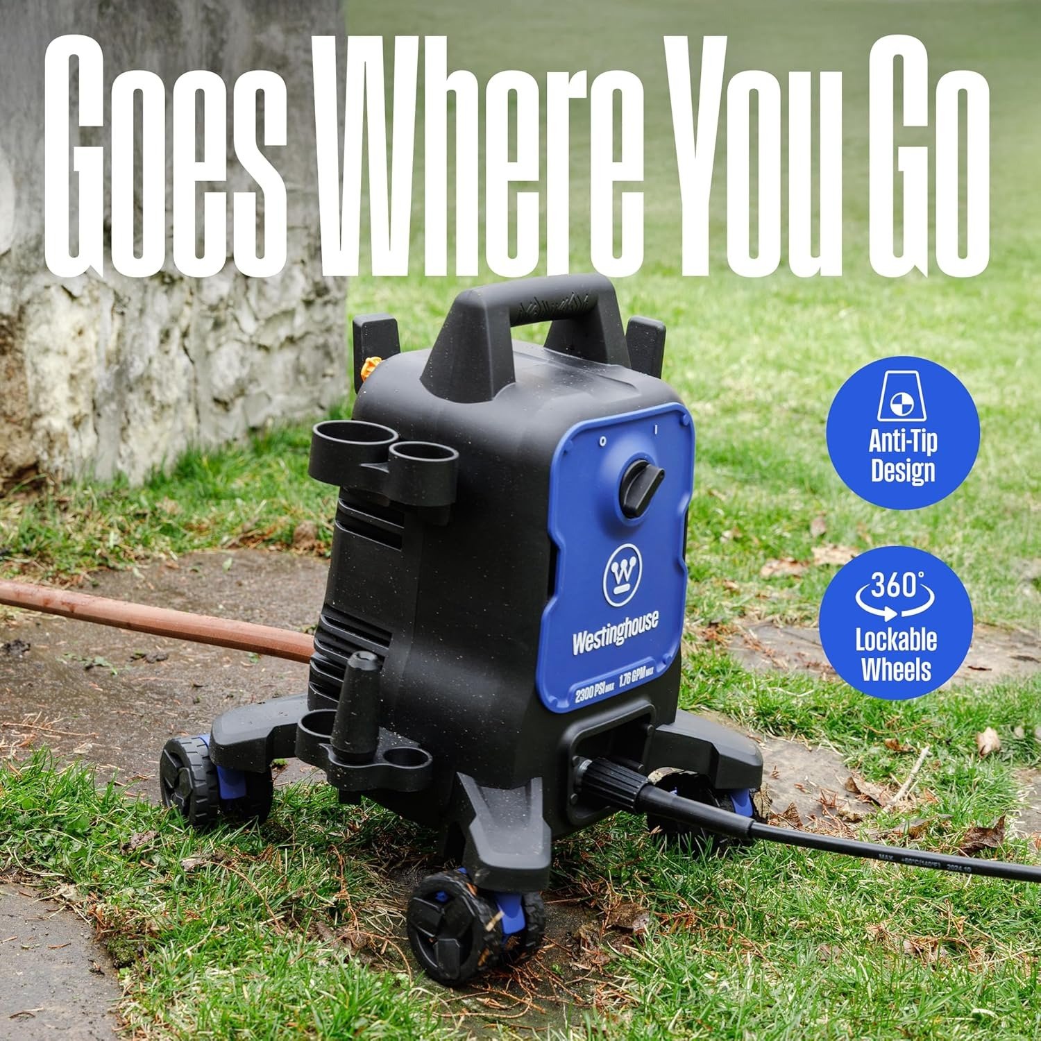 Electric Pressure Washer, 2300 Max PSI 1.76 Max GPM with Anti-Tipping Technology, Onboard Soap Tank, Pro-Style Steel Wand, 5-Nozzle Set, for Cars/Fences/Driveways/Home/Patios