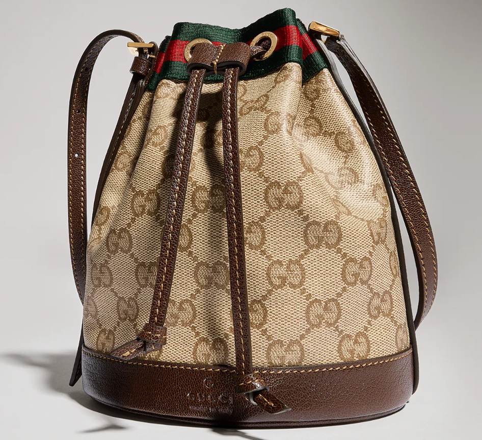GUCCI Mini bucket bag with Web Sand and dark brown GG coated canvas