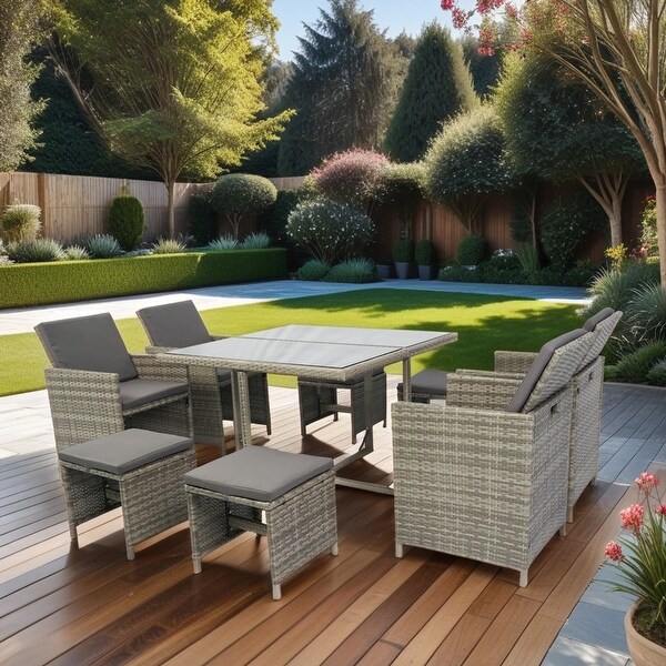 9 Pieces Space Saving Rattan Chairs with Glass Table Sets Cushioned Seating and Back Sectional Conversation Set