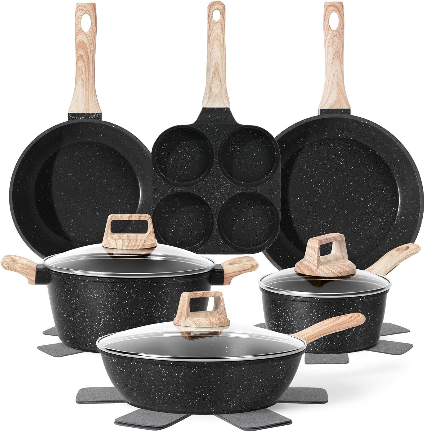 13-Piece Black Granite Nonstick Cookware Set PFAS-Free Induction All Stovetop Compatible