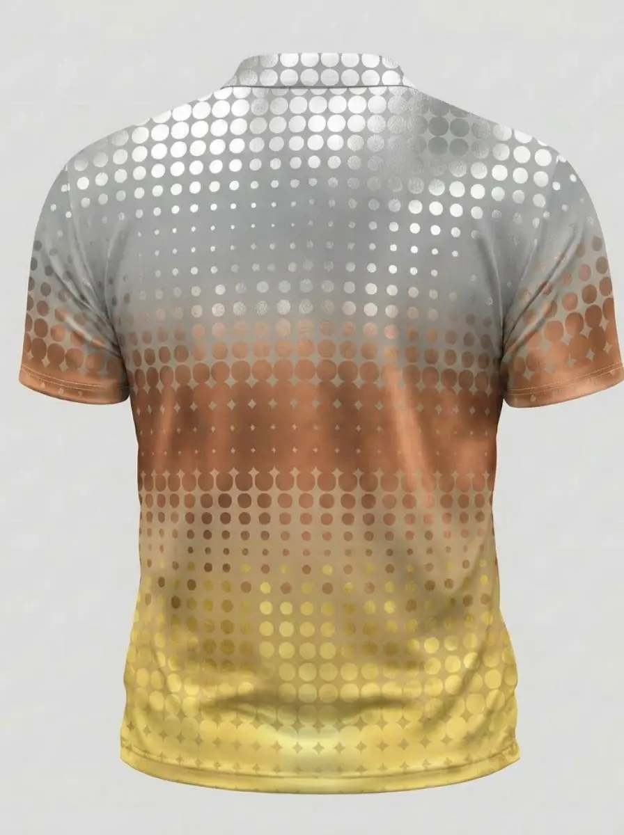 Moisture Wicking Golf Polo 3D Silver Copper Gold Gradient Dot Pattern Button Short Sleeve Golf Polo Shirt
