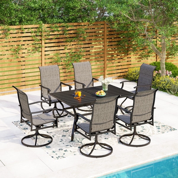 MAISON ARTS 7/8 Pieces Patio Dining Set,Rectangular Black Metal Table with 6 Padded Textilene Fabric Swivel Chairs