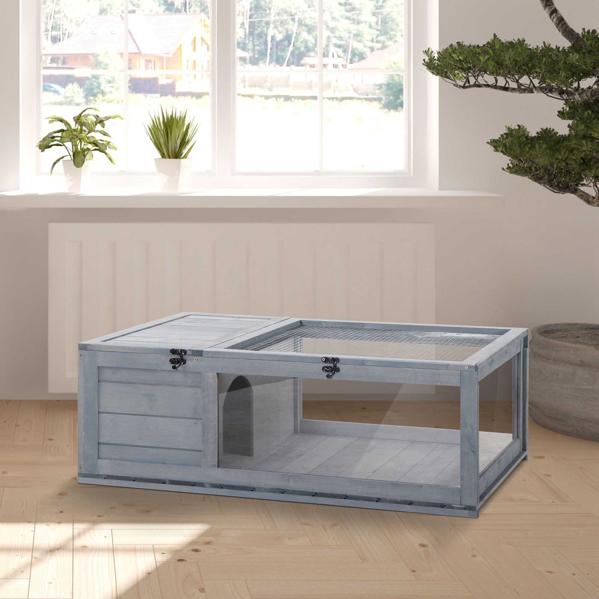 Pawhut Wood Tortoise House Indoor Outdoor Turtle Habitat Reptile Cage for Lizards, Geckos 36