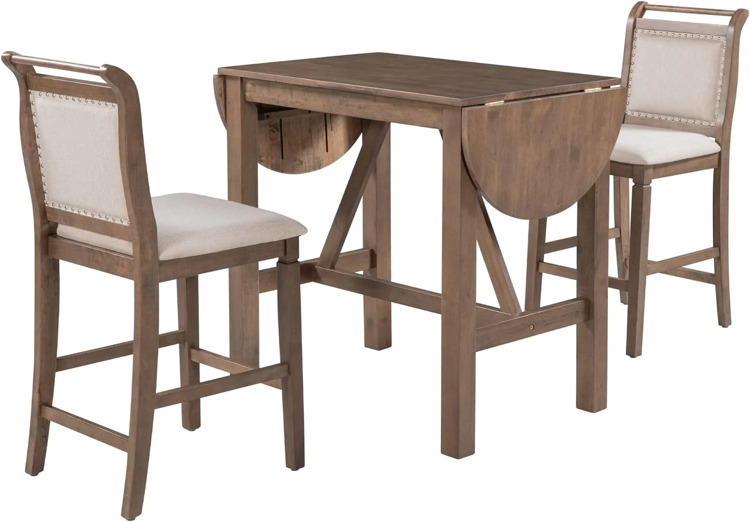 3 Piece Counter Height Kitchen Dining Set With Drop Leaf Dining Table And 2 Dining Padded Chairs, Dining Room Set For Small Places, Brown