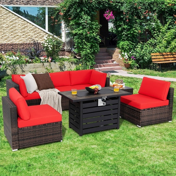Gymax 7PCS Patio Rattan Furniture Set 42'' Fire Pit Table w/ Cover