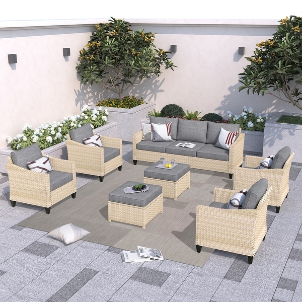 OVIOS 7piece Patio Furniture Wicker Outdoor Curved Armrest Conversation Set