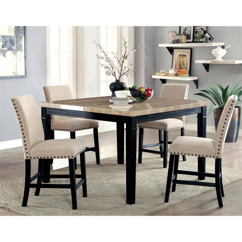 Furniture of America Larns Black Wood Counter Height Table with Faux Marble Top
