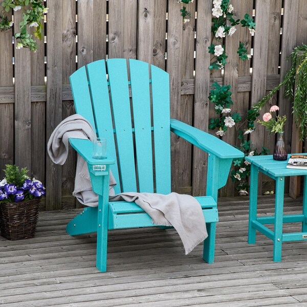 Outsunny Outdoor HDPE Adirondack Deck Chair,Plastic Lounger with Cup Holder,High Back and Wide Seat,