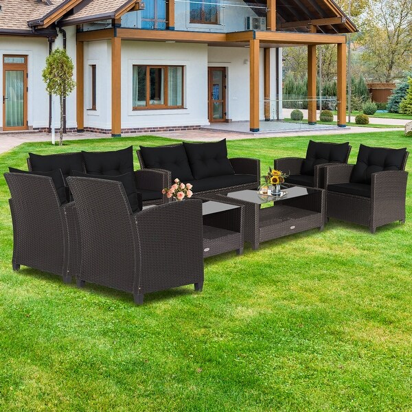 Costway 8 PCS Patio Rattan Furniture Set Glass Table Shelf Sofa