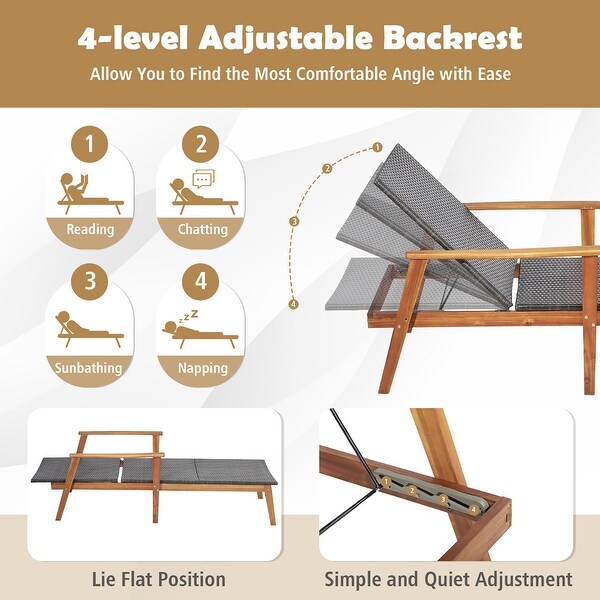 Costway 2PCS Patio Rattan Lounge Chair Chaise Recliner Wood Back