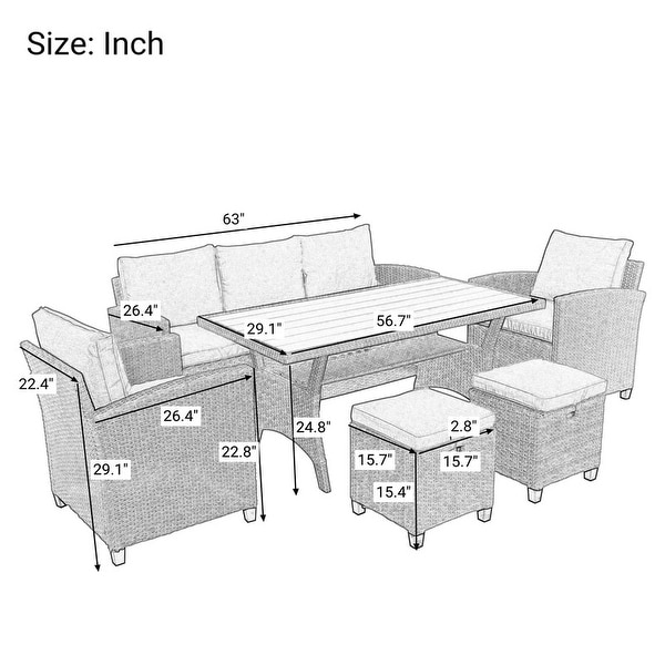 6 Pcs Patio Sofa Chair Set with Table and Cushions,Grey