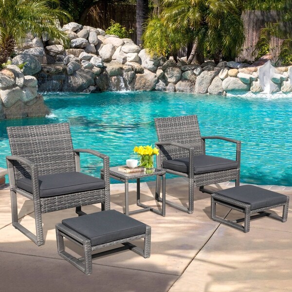 5Piece Patio Wicker Chat Set with Armchairs,Ottomans and Side Table