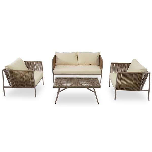 4Piece Rope Patio Conversation Set With Thick Cushions,With Toughened Glass Tabletop