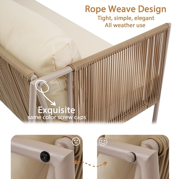 4Piece Rope Sofa Set with Thick CushionsandToughened Glass Table,Beige