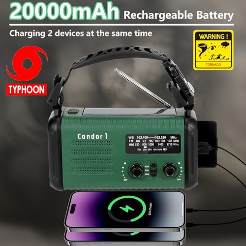 Emergency Weather Radio (Condor 1) NOAA/AM/FM with 74000mWh Portable Power Bank, USB-C/Solar/Hand Crank Charging, SOS Alarm, Flashlight, Reading Lamp & Survival Handle Kit for Indoor/Outdoor Emergency