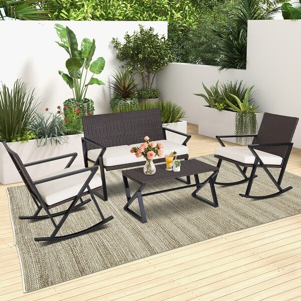 4PCS Patio Rattan Wicker Rocking Chairs Loveseat Table Rocker