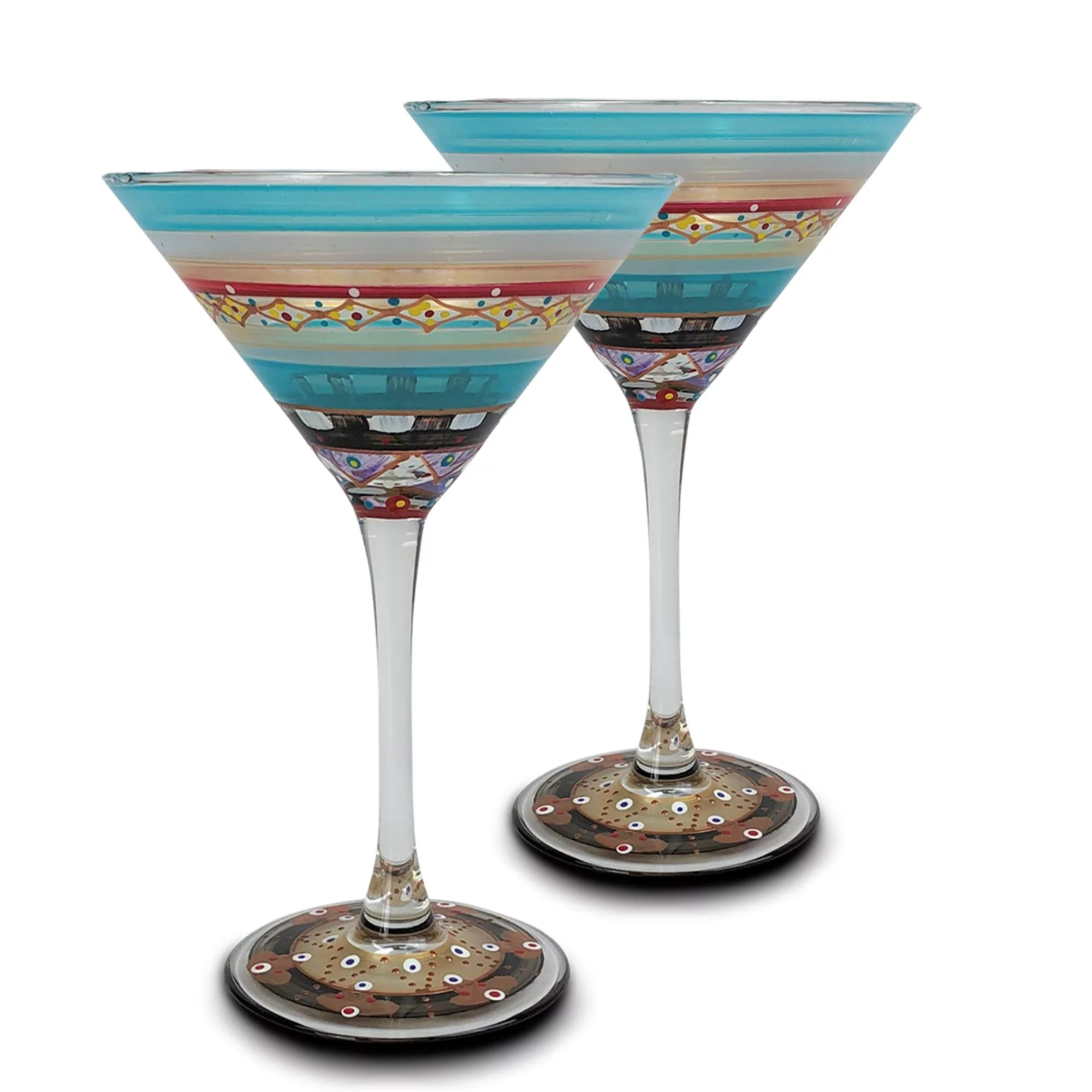 Crafted Creations Set of 2 Blue Mosaic Carnival Confetti Hand Painted Martini Drinking Glasses 7