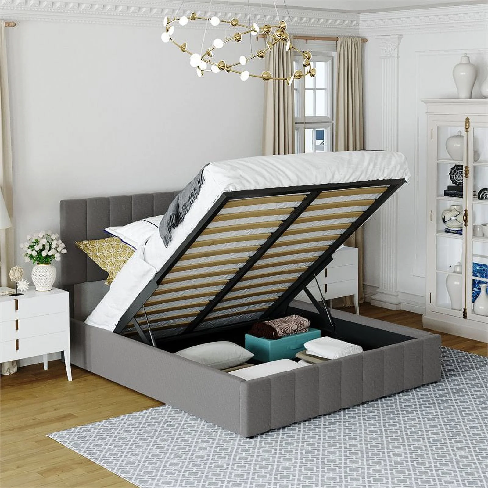 CRO Decor Twin Wood Platform Bed with Fabric Upholstery in Gray