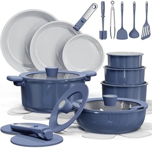 27pcs Ceramic Cookware Set Nonstick, Pots and Pans Set Non Stick, Non Toxic Cookware Detachable Handles, Dishwasher/Oven Safe, RV/Camping Cookware, Pan and Pot with Kitchen Utensils, Navy Blue