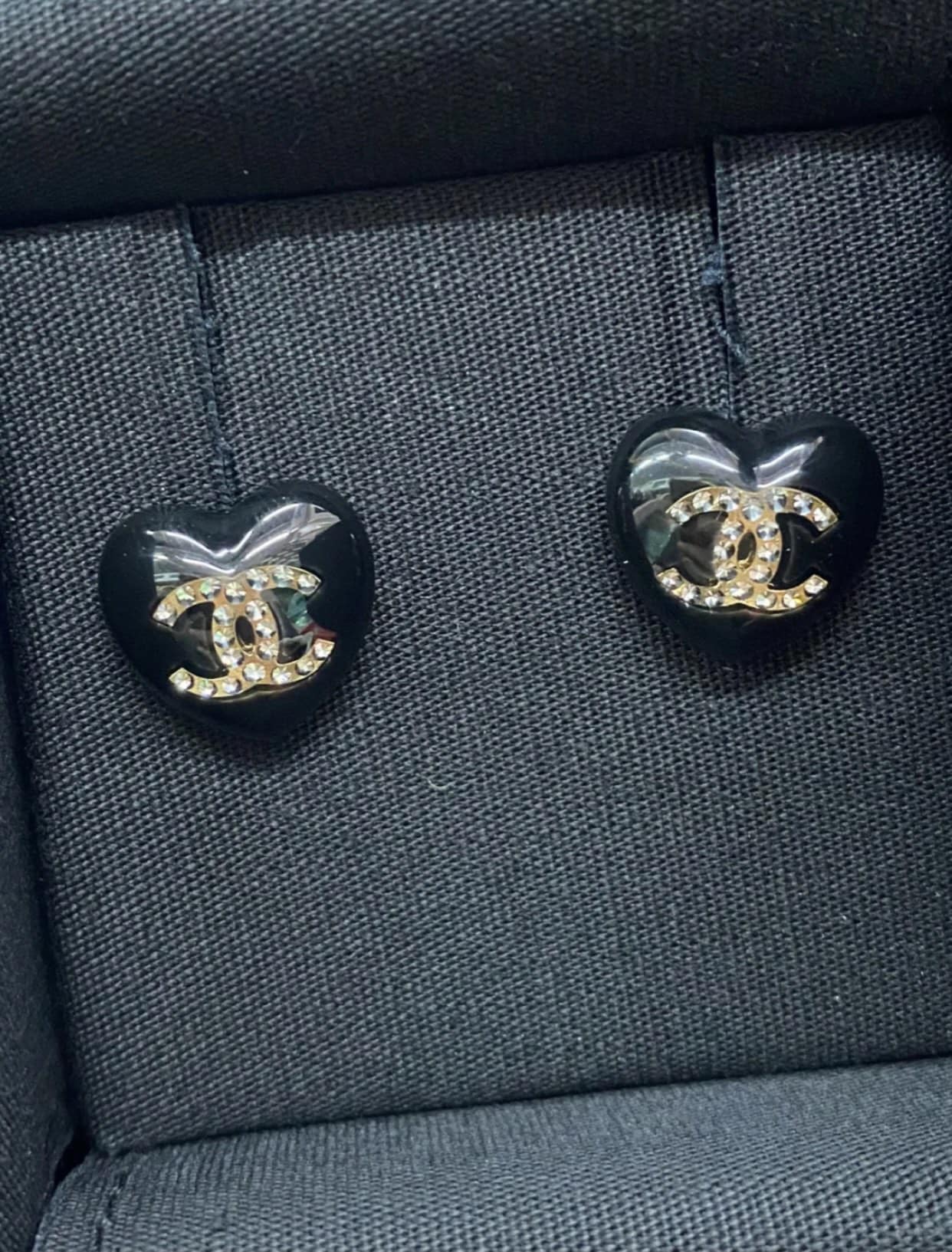 Chanel Cc Black Heart Earrings