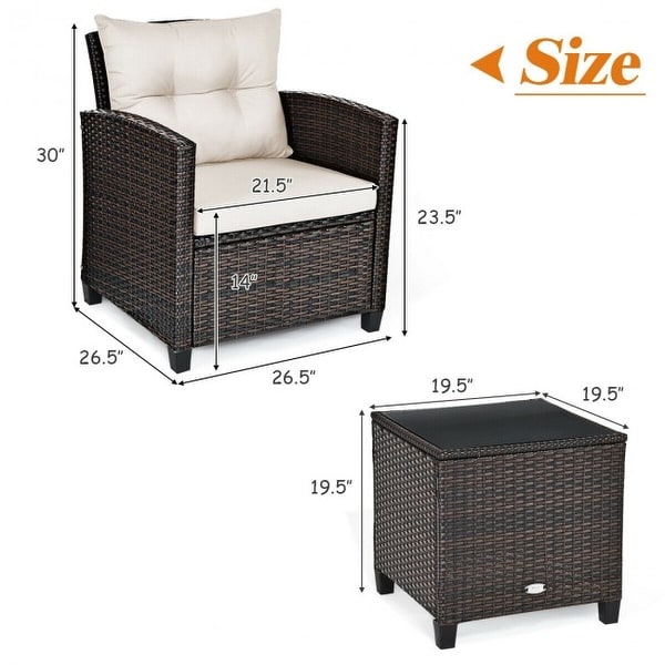 3 Pieces Rattan Patio Furniture Set with Washable Cushion