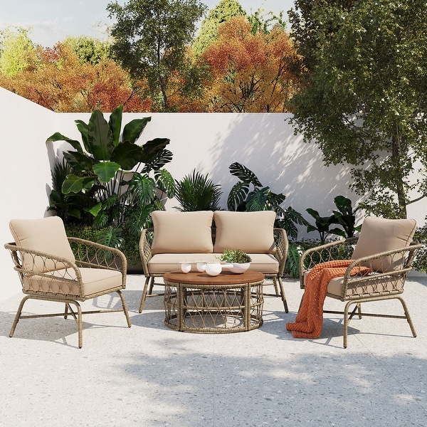 4Piece Wicker Patio Conversation Set with Beige Cushions,With Wood Tabletop