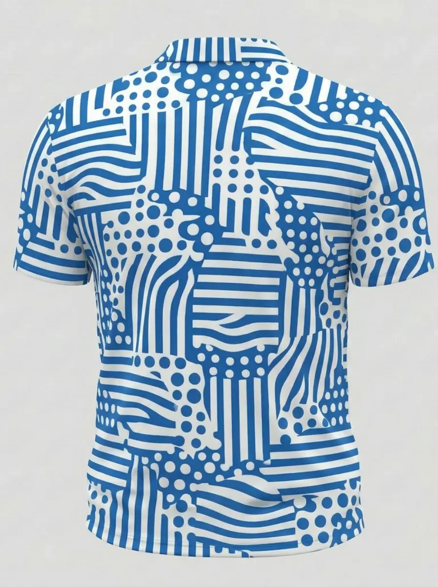 Moisture Wicking Golf Polo 3D Blue White Stripe and Dot Pattern Button Short Sleeve Golf Polo Shirt