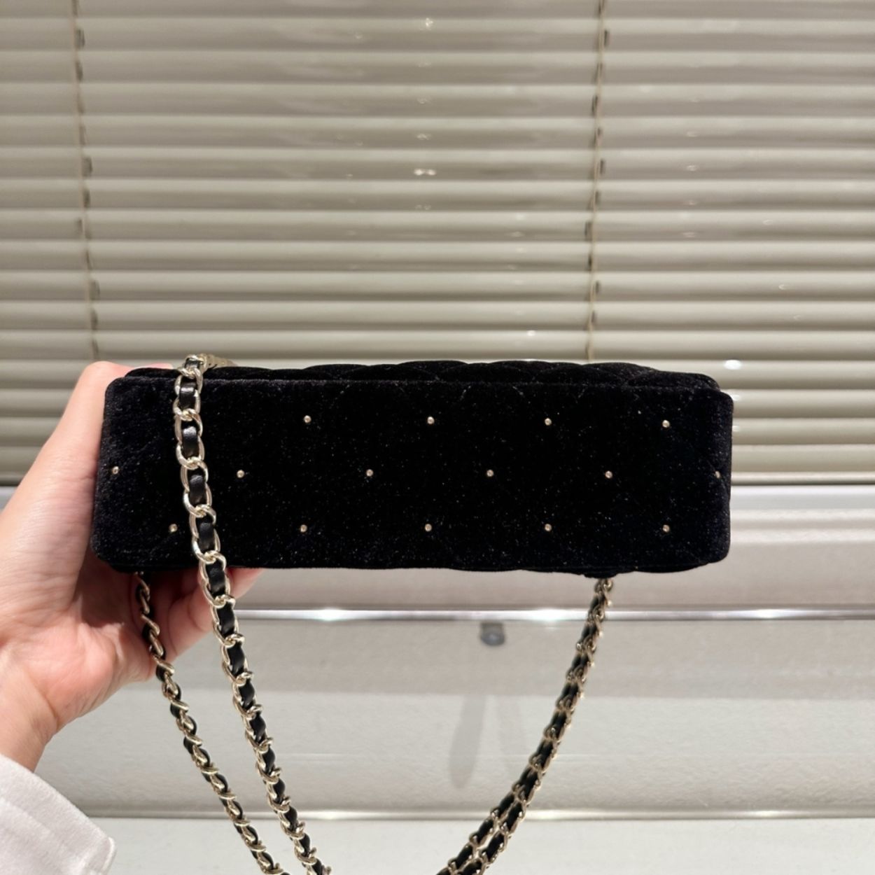 Chanel Velvet Crystal Quilted Chain Hobo Bag In Black 8.7 Inches AP4861 B17652 93405