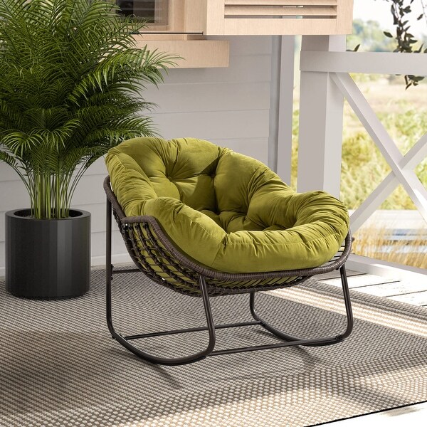 Oversized Papasan Chairs Curved Rocking Chair Patio Deep Seating Rattan Rocker Recliner with Padded Cushion for Outdoor