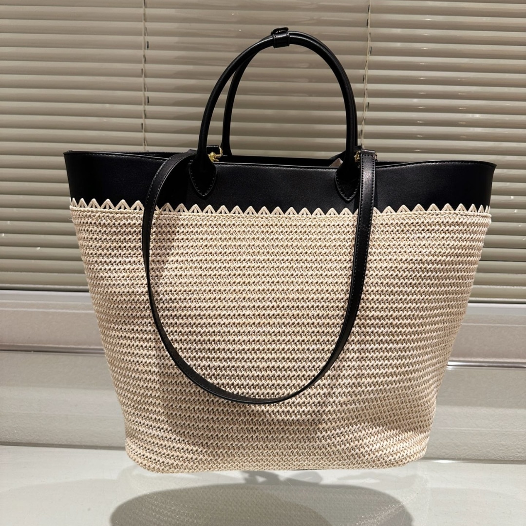 Prada Crochet And Leather Tote Bag Tan And Black 33Cm