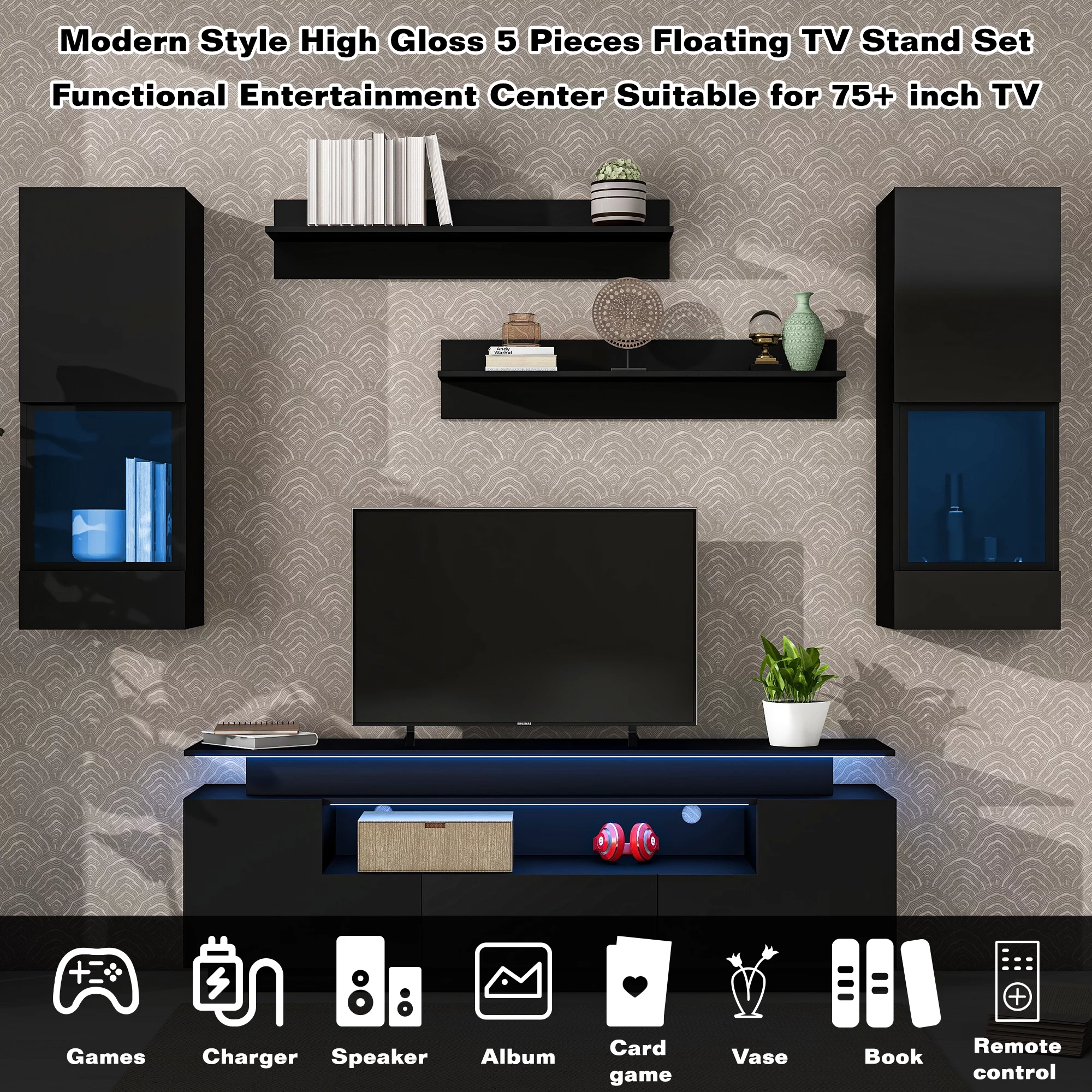 EUROCO Stylish Functional TV stand, 5 Pieces Floating TV Stand Set, High Gloss Wall Mounted Entertainment Center with 16-color LED Light Strips for 75+ inch TV, Black