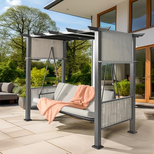Pamapic 2-in-1 Convertible Porch Swing Bed, 3-Seat Elegant Patio Swing with Wicker Armrests, Outdoor Chair with Adjustable Canopy for Balcony, Garden, and Poolside, Gray