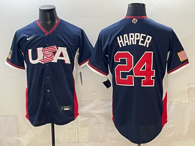 Men's USA Baseball Bryce Harper #24 Navy 2026 World Baseball Classic Stadium Jersey