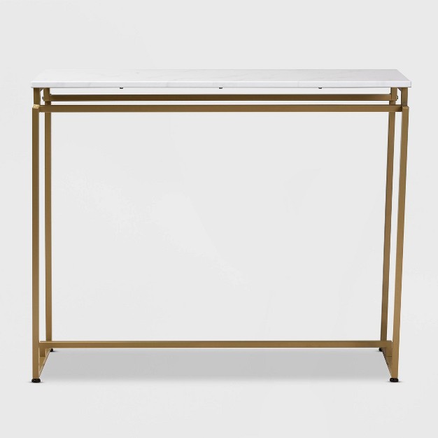 Renzo Metal Console Table With Faux Marble Tabletop White gold Baxton Studio