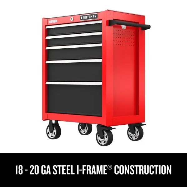 Rolling 5-Drawer Tool Cabinet – 2000 Series, 26″W × 36.5″H, Red Steel Design