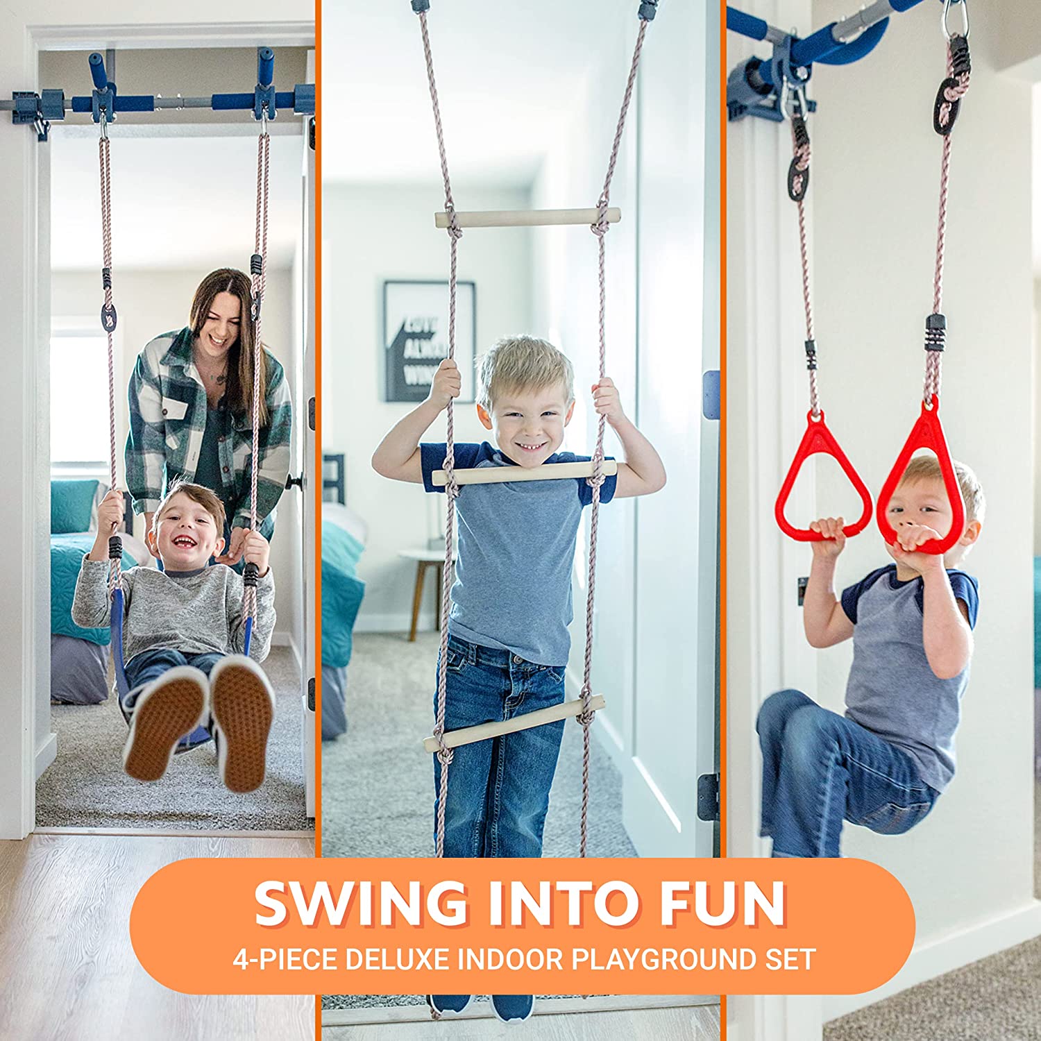 2026 6 Piece Indoor Doorway Gym Set for Kids �� Indoor Swing for Kids Includes Kids Swing Chair, Rings, Hanging Trapeze, Ladder, Swinging Rope & Pullup Bar