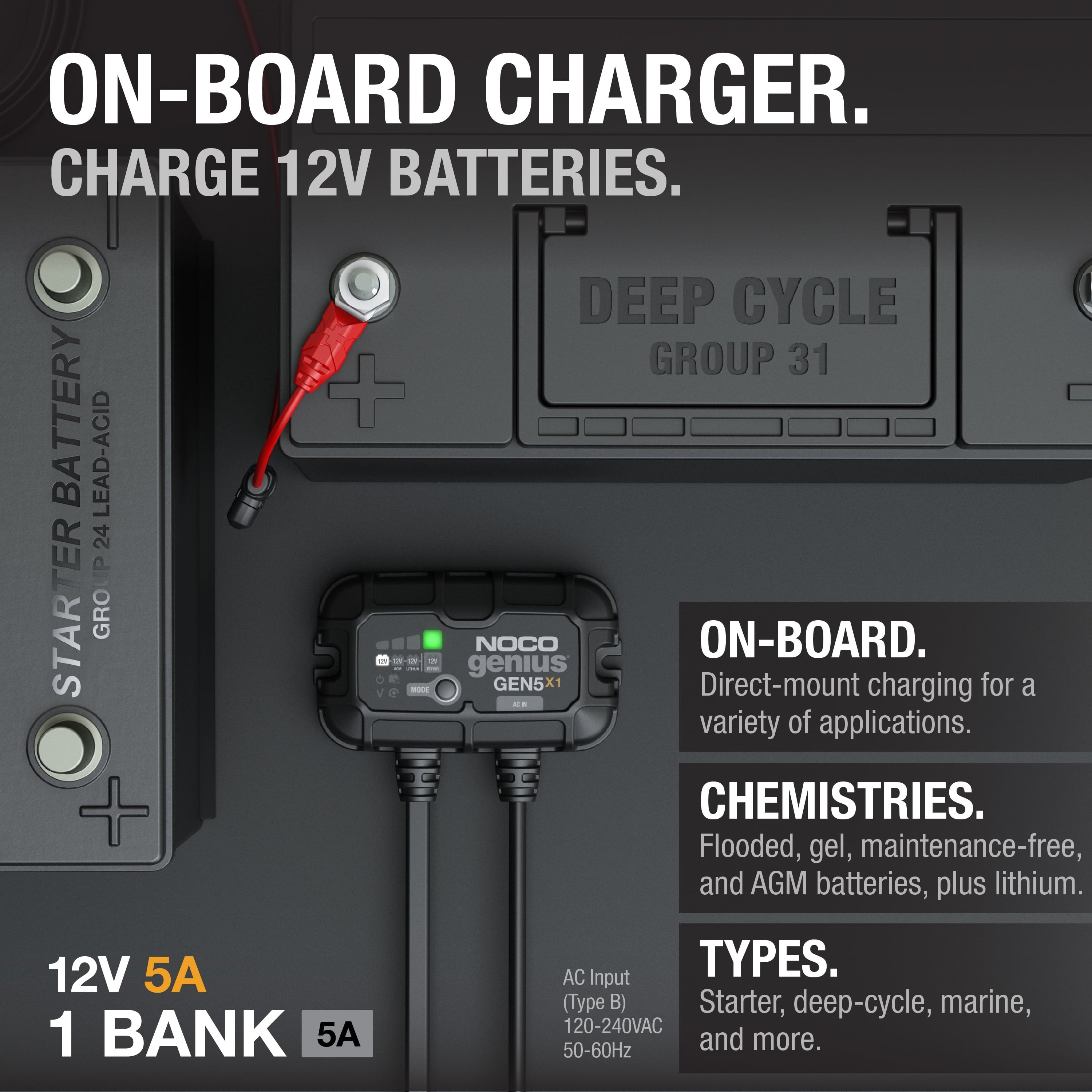 NOCO Genius GEN5X1 1-Bank 5A (5A/Bank) 12V Onboard Battery Charger