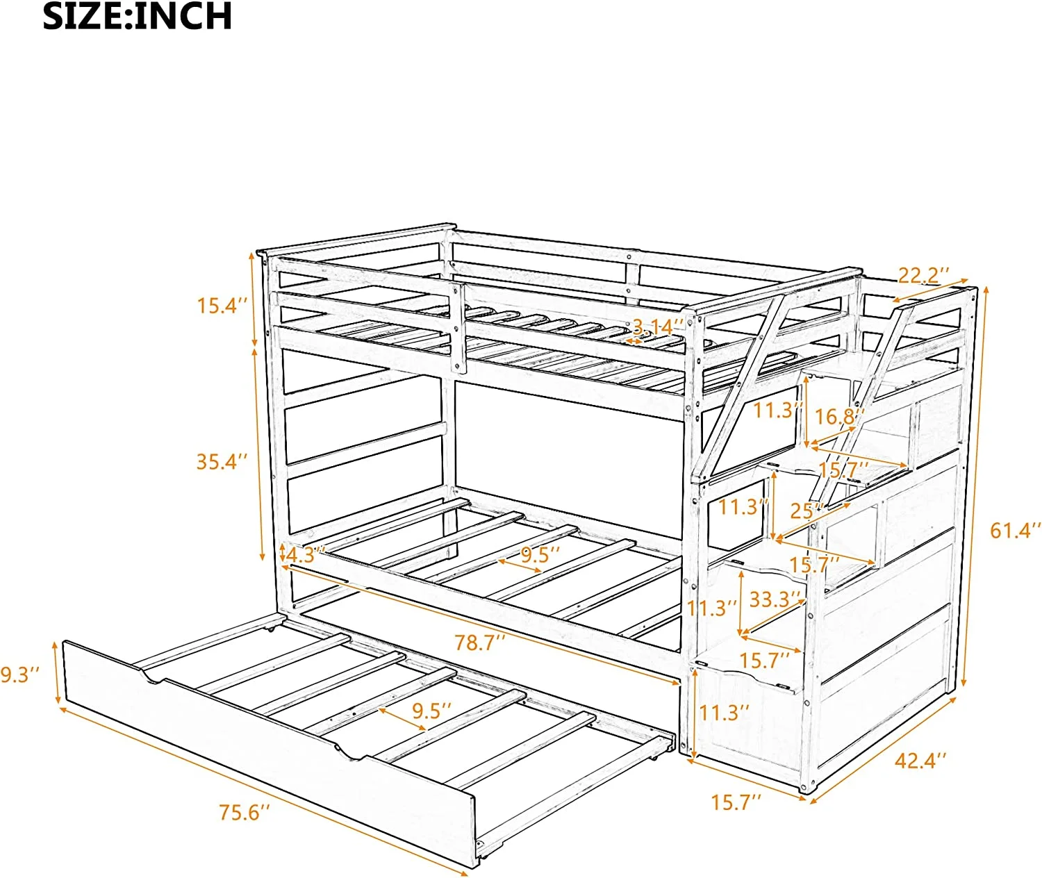 Over Bunk Bed With Size Trundle And 3 Storage Stairs, Wooden Over Bed Frame With Storage Drawers And Safety Rail Ladder For Teens Bedroom Bed, Guest Room (Espresso)