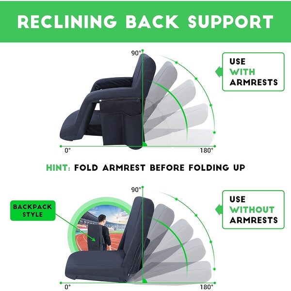 Stadium Seats,5 Reclining Positions Bleacher Chairs with Padded Armrests,Side Pockets,Waterproof Thick Cushion