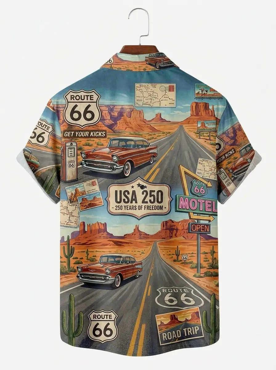Men's printed shirts, Retro Route 66 Road Trip USA 250 Aloha Shirt
