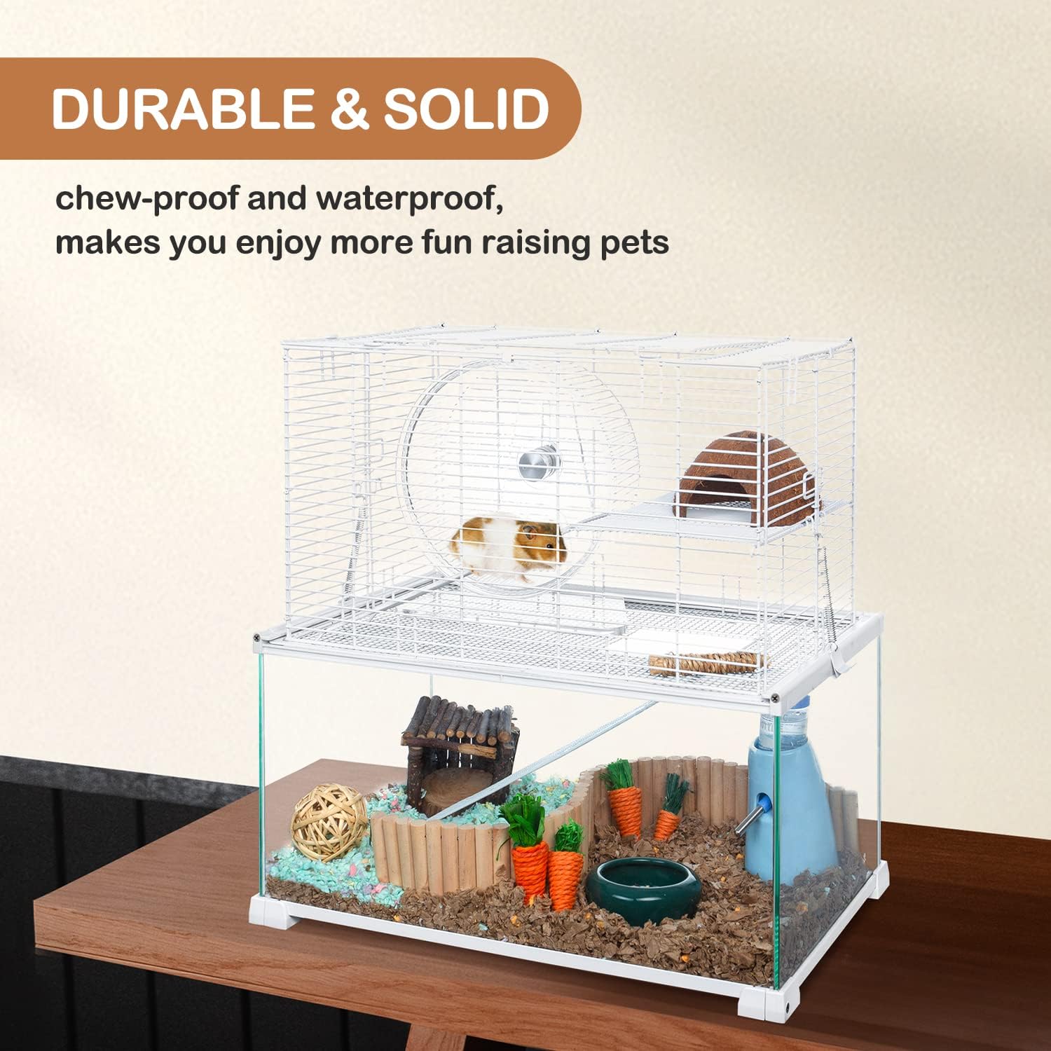 3 Tiers Large Hamster Cages, Glass Hamster Cage Habitat with Openable Wire Topper, Gerbil Cage with Two Ladders Ramps and Removeable Waterproof PVC Tray, Easy to Clean