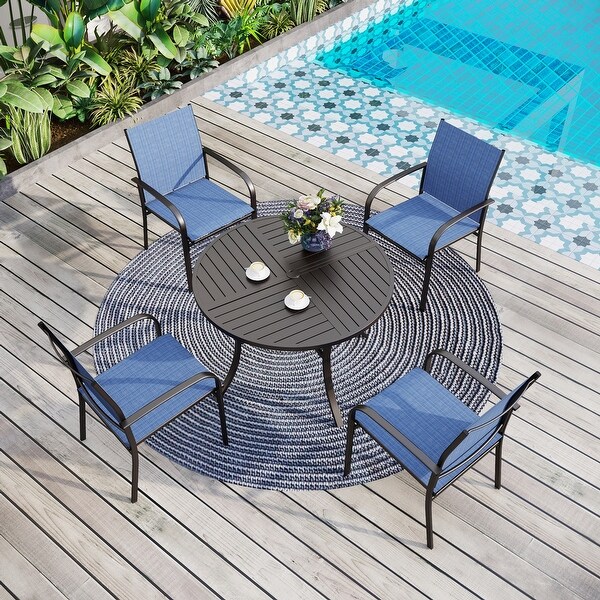 MAISON ARTS 5Piece Patio Dining Set,Geometrically Stamped Round Table and 4 Textilene Dining Chairs