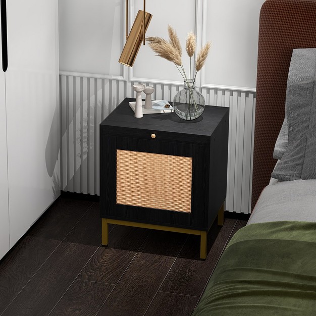 Set Of 2 Rattan Night Stands Modern Farmhouse End Tables With Tray Storage Shelf For Entryway Bedroom Living Room