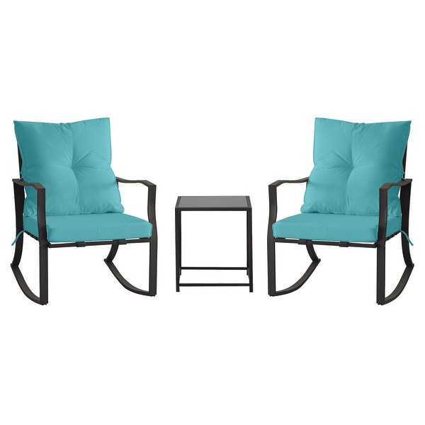 3 Piece Steel Rocking Bistro Set with Glass Table and Cushions