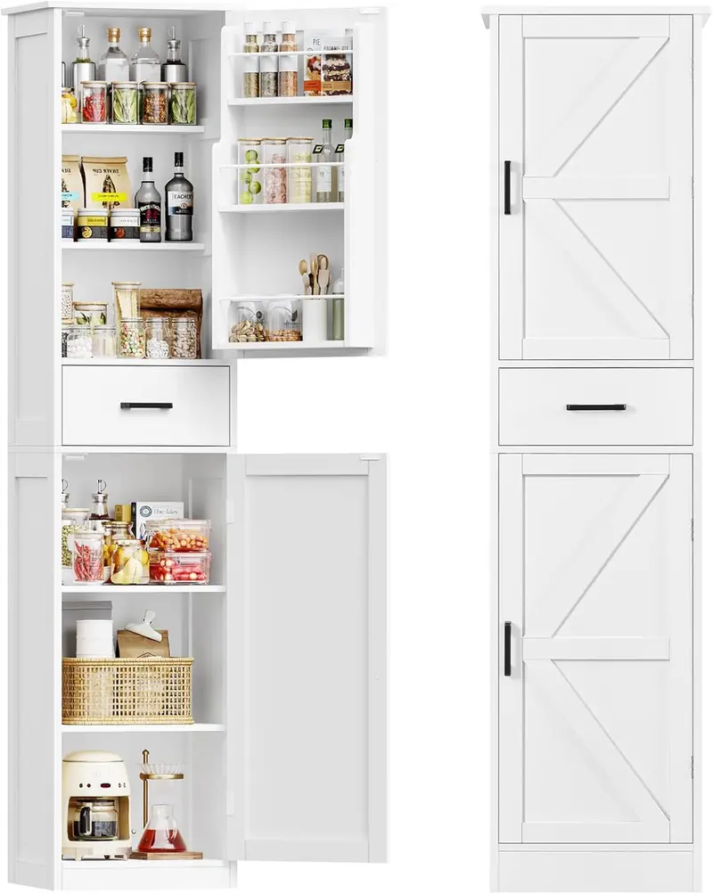 Slim 3-Door Kitchen Pantry Cabinet – Narrow Tall Storage Unit with Shelf and Drawer