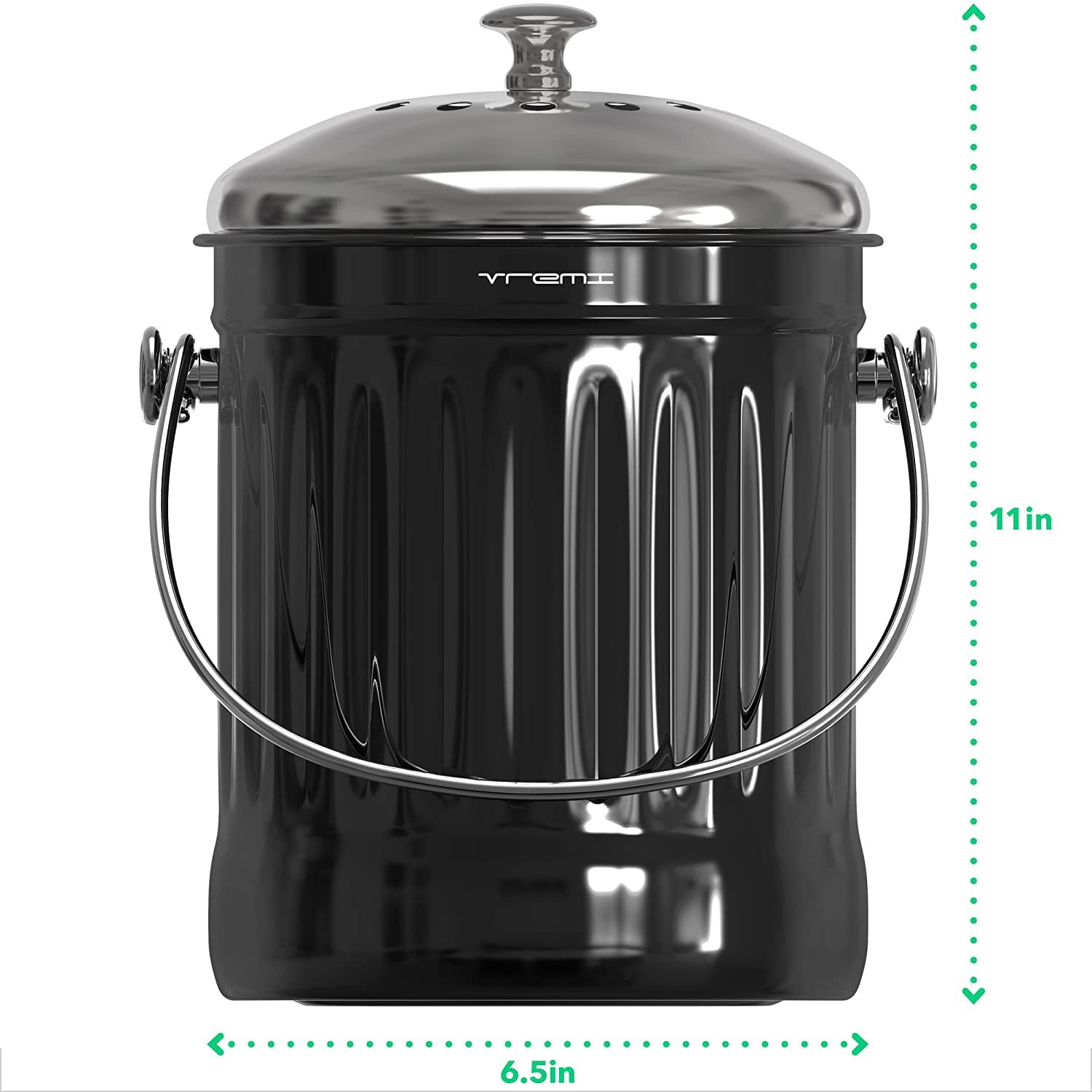 Vremi Kitchen Compost Bin for Counter or Under Sink – 1.2 Gallon Small Metal Indoor Home Apartment Eco Compost Pail for Biodegradable Organic Food Waste with Charcoal Filter – Stainless Steel – Black
