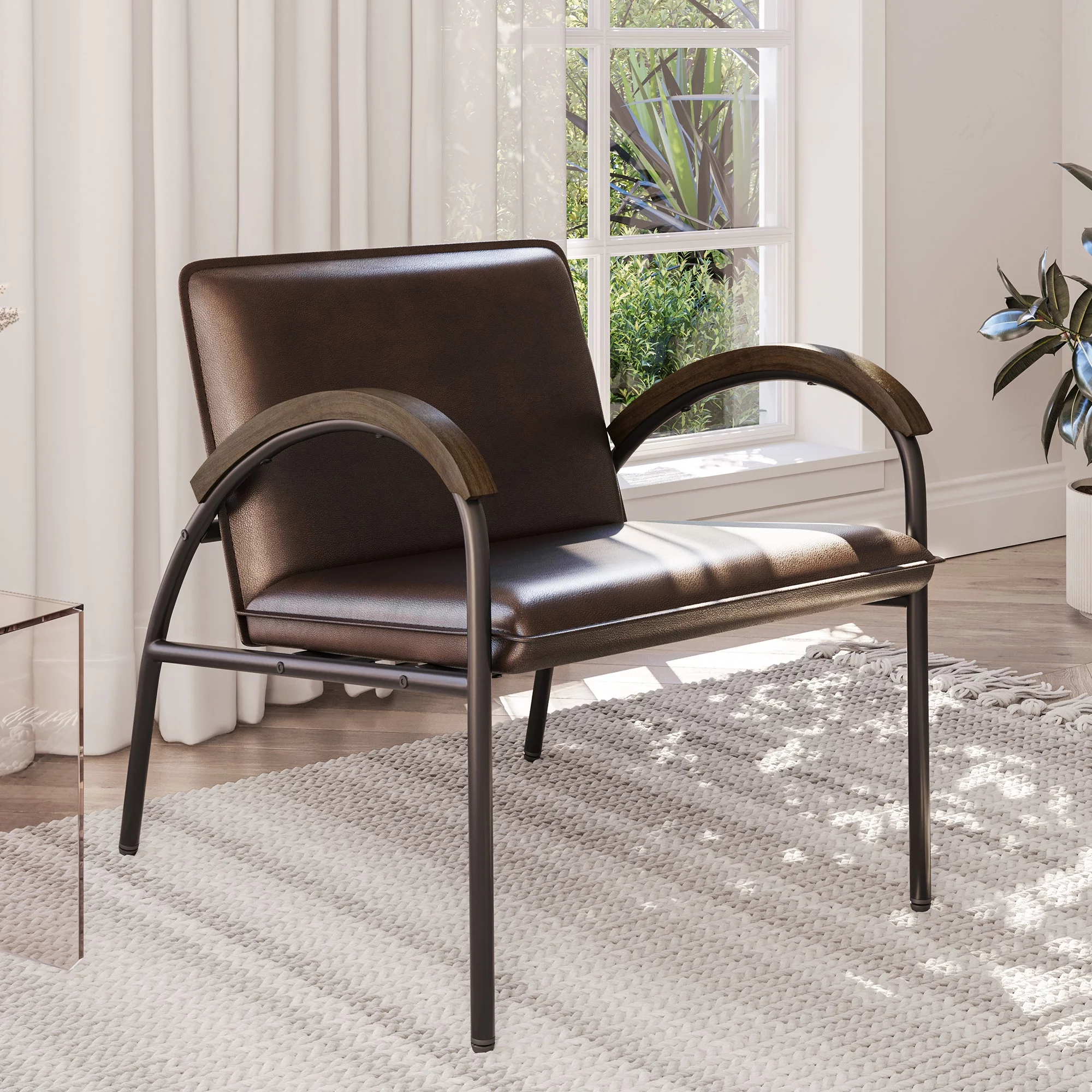 BELLEZE Mid Century Modern Accent Chair, Living Room Chair with Metal Frame, Unique Curved Design Faux Leather Armchair for Bedroom, Sitting Chair Reception Chair - Apex (Brown)
